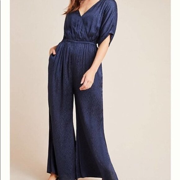 Anthropologie Maeve Wide Leg Jumpsuit Women Size S Blue Deep side Slits - Picture 2 of 14
